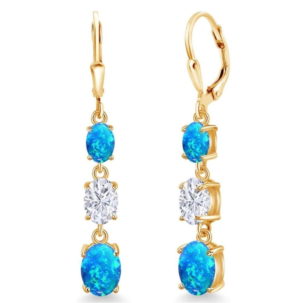 18K Yellow Gold with 4.92 Cttw 3 Stone Blue Opal and White Moissanite Earrings
